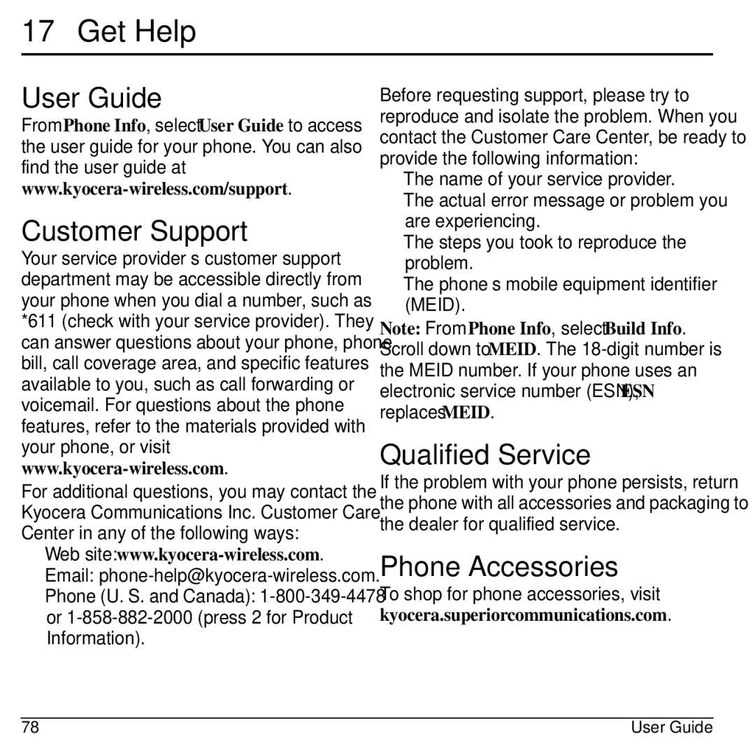 Kyocera S2300 manual Get Help, User Guide Customer Support, Qualified Service, Phone Accessories 