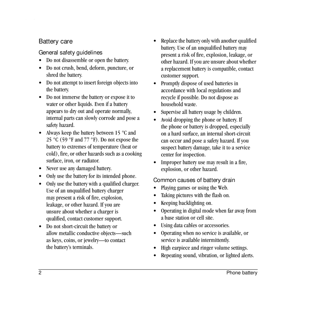 Kyocera S2410 Battery care, General safety guidelines, Common causes of battery drain, Do not short-circuit the battery or 