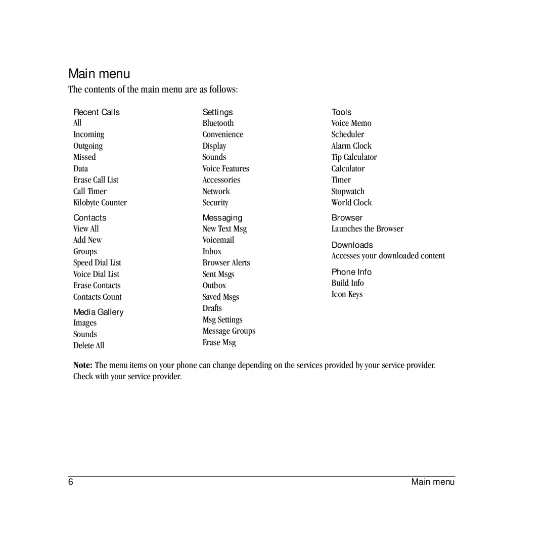 Kyocera S2410 manual Main menu, Contents of the main menu are as follows 