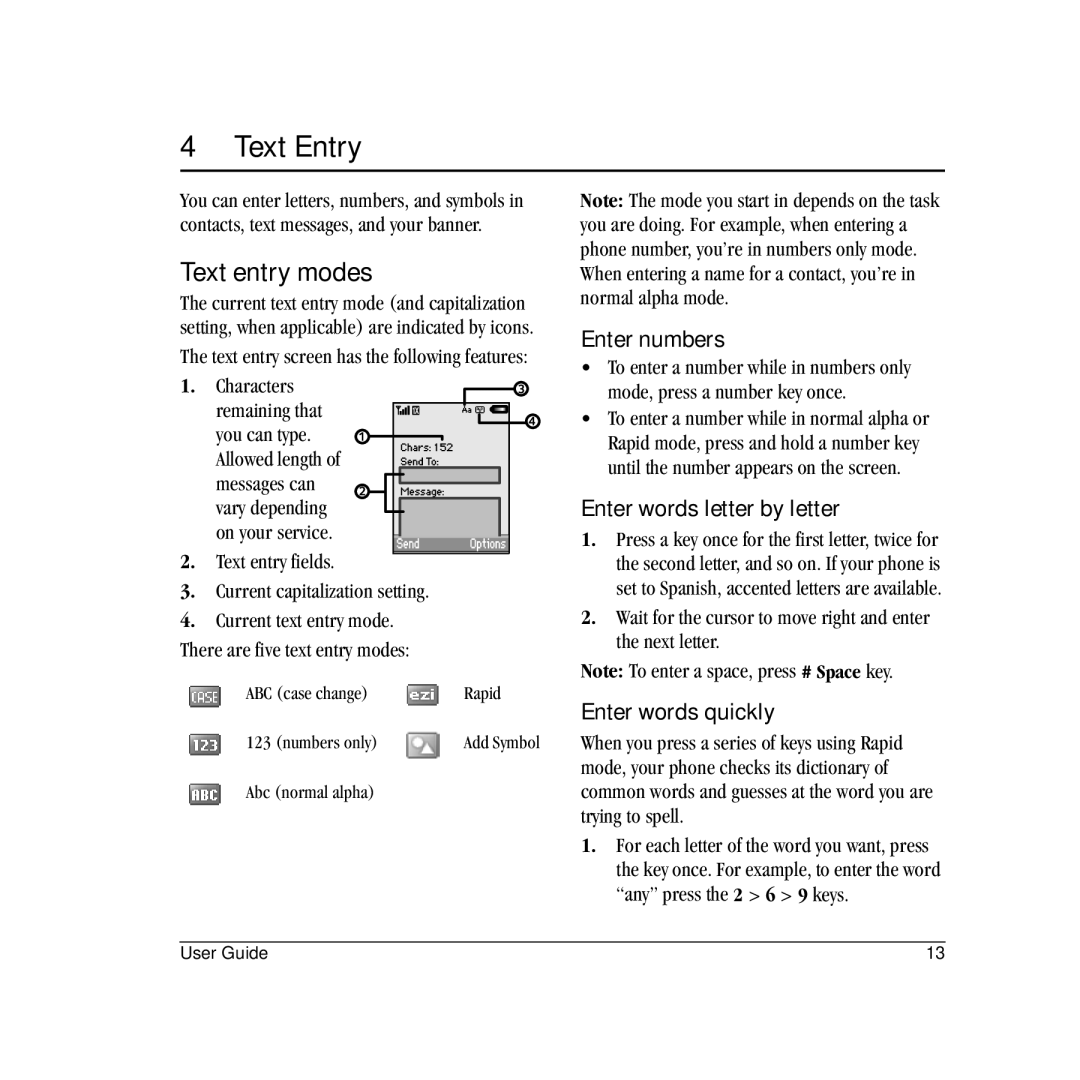 Kyocera S2410 manual Text Entry, Text entry modes, Enter numbers, Enter words letter by letter, Enter words quickly 