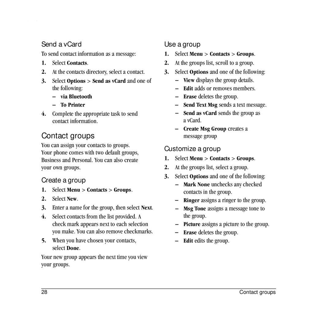 Kyocera S2410 manual Contact groups, Send a vCard, Create a group, Use a group, Customize a group 