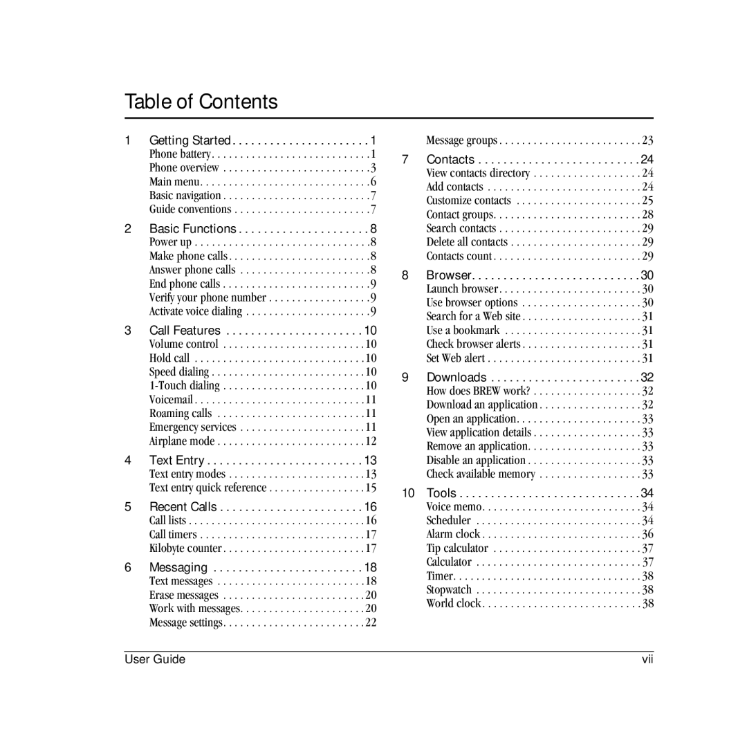 Kyocera S2410 manual Table of Contents 