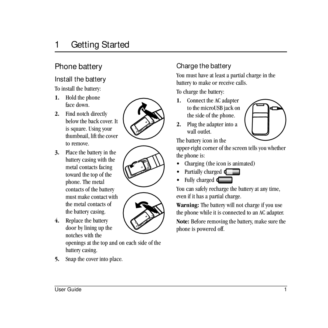 Kyocera S2410 manual Getting Started, Phone battery, Install the battery, Charge the battery 