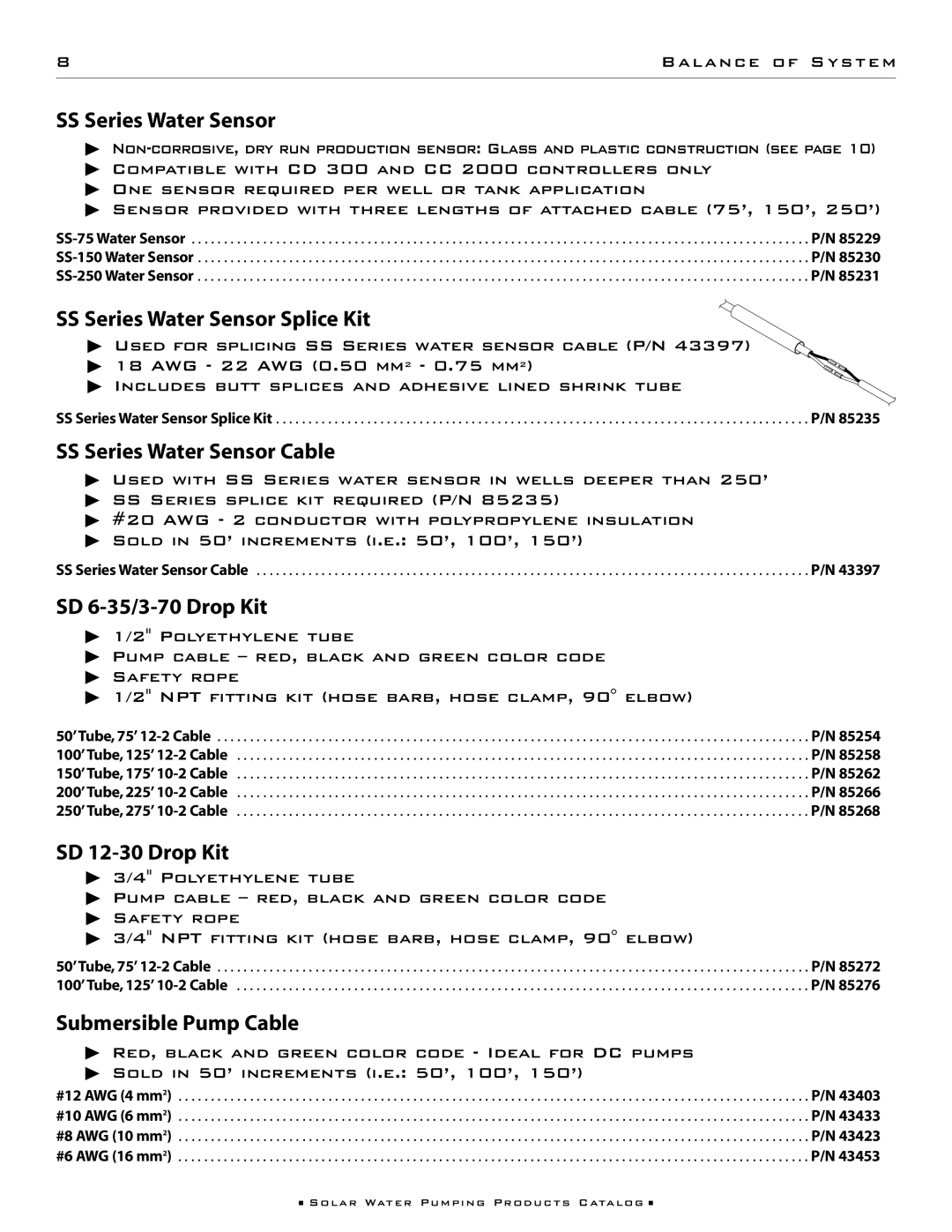 Kyocera 85221, 85222, SD 3-70 SS Series Water Sensor Splice Kit, SS Series Water Sensor Cable, SD 6-35/3-70 Drop Kit 