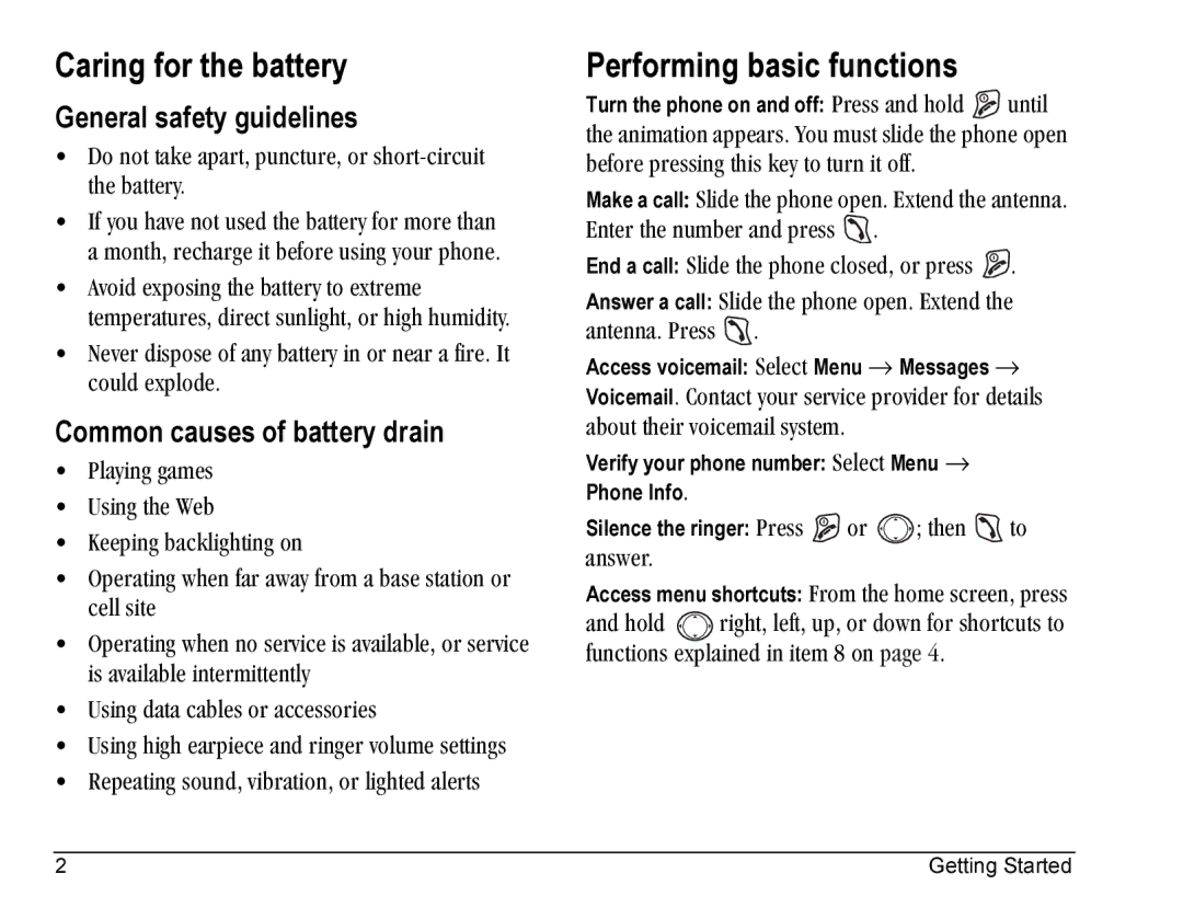 Kyocera SE47 Caring for the battery, Performing basic functions, General safety guidelines, Common causes of battery drain 