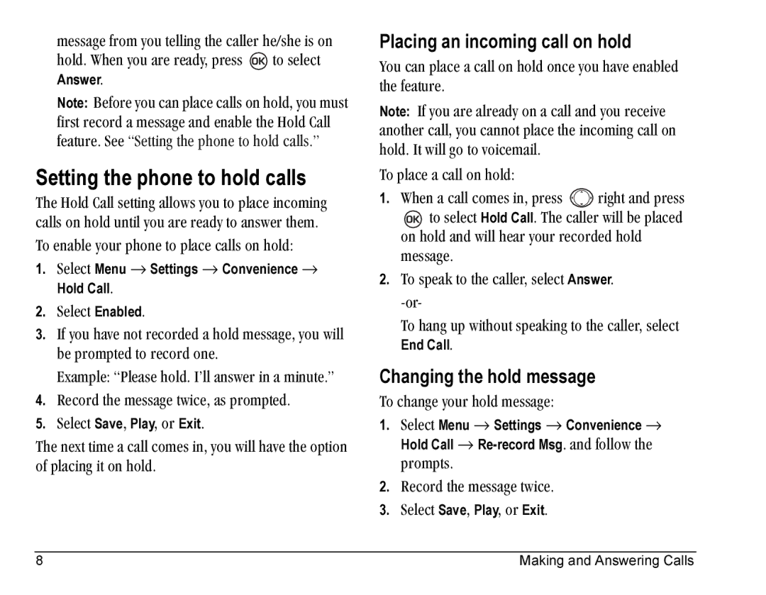 Kyocera SE47 manual Setting the phone to hold calls, Placing an incoming call on hold, Changing the hold message 