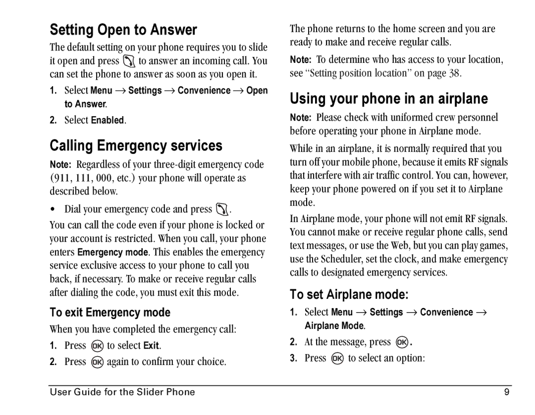 Kyocera SE47 Setting Open to Answer, Calling Emergency services, Using your phone in an airplane, To set Airplane mode 