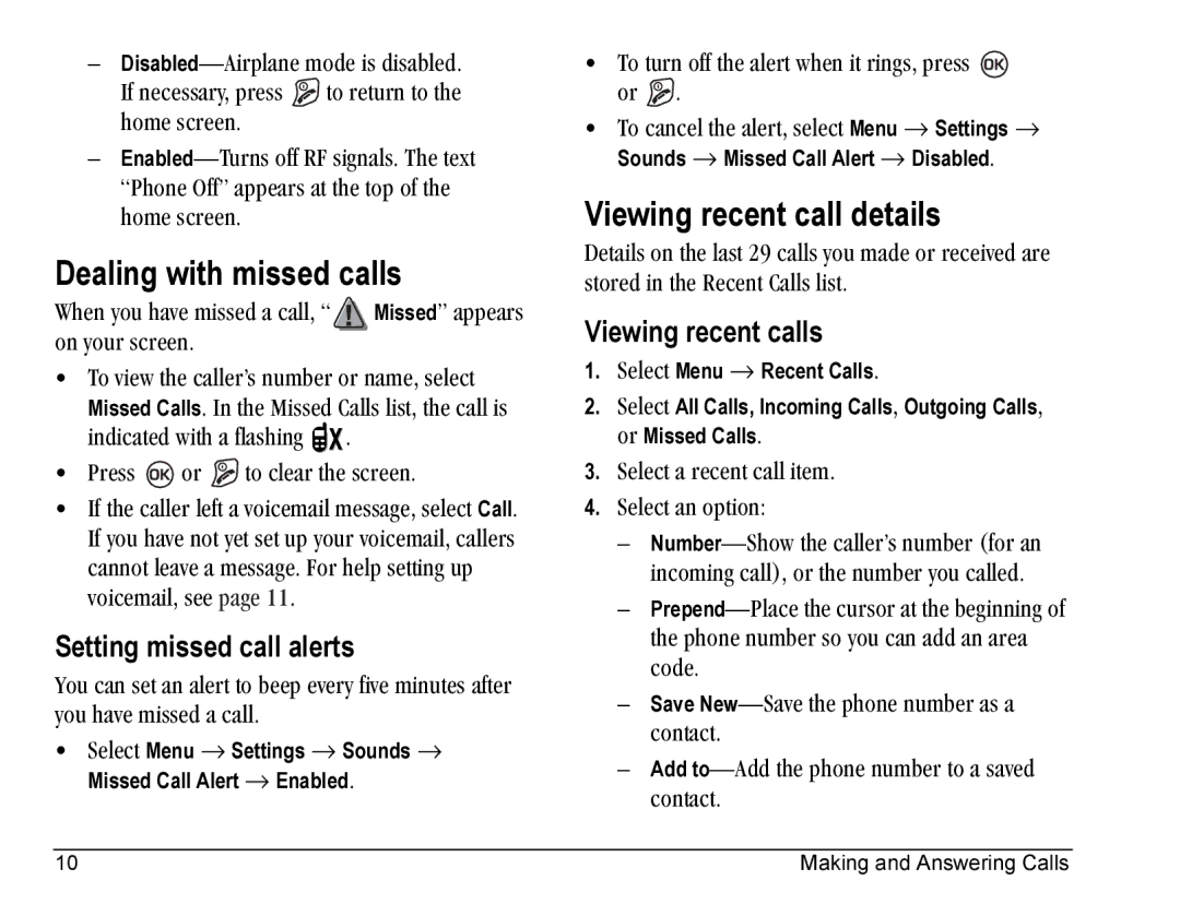 Kyocera SE47 Dealing with missed calls, Viewing recent call details, Setting missed call alerts, Viewing recent calls 