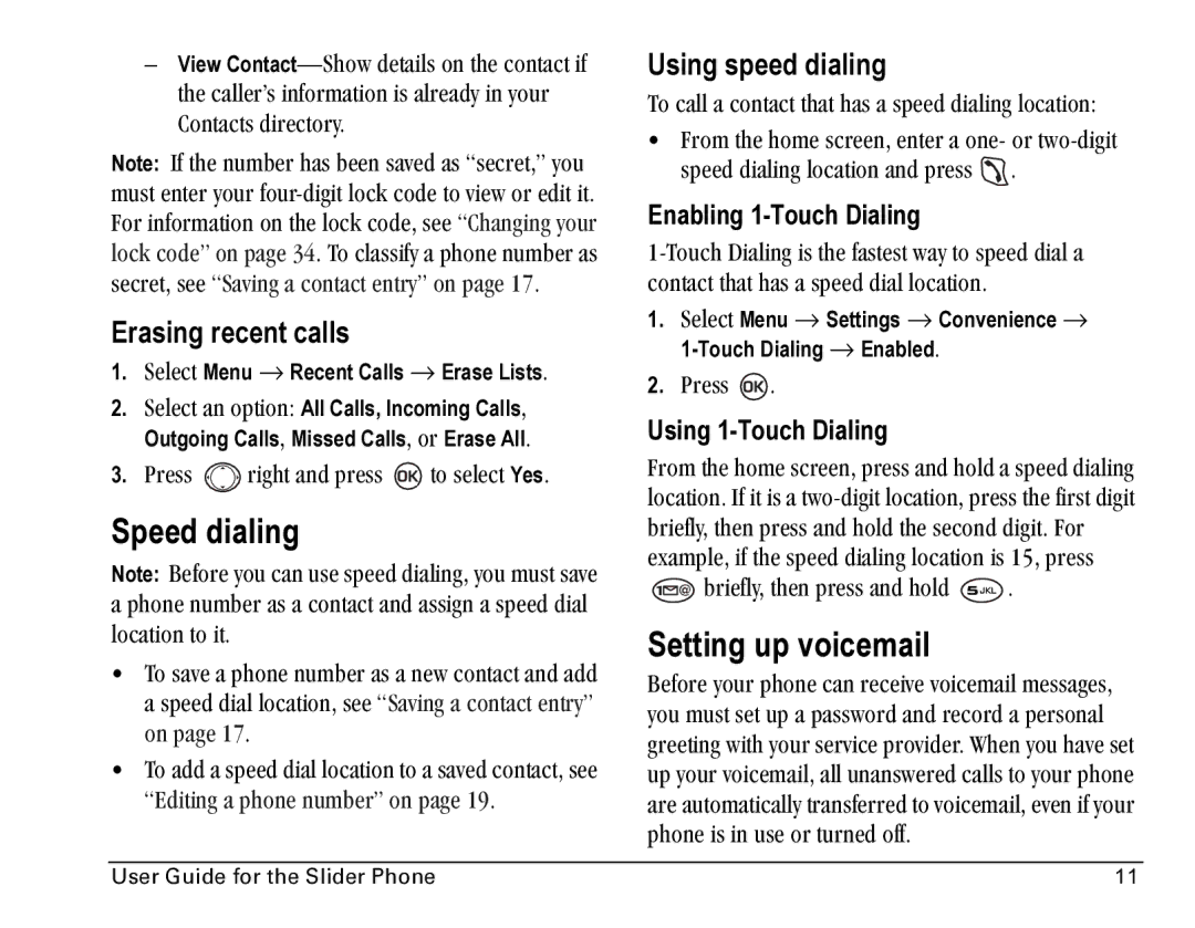 Kyocera SE47 manual Speed dialing, Setting up voicemail, Erasing recent calls, Using speed dialing 