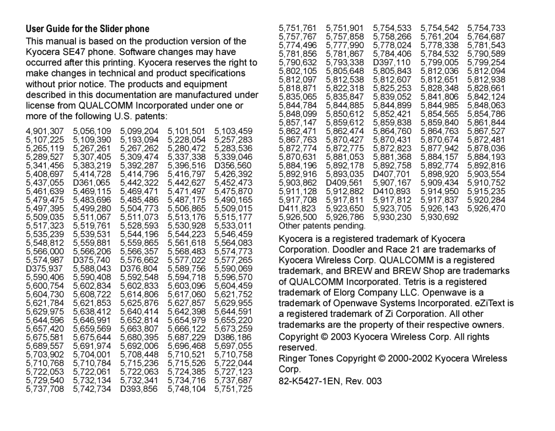 Kyocera SE47 manual User Guide for the Slider phone 