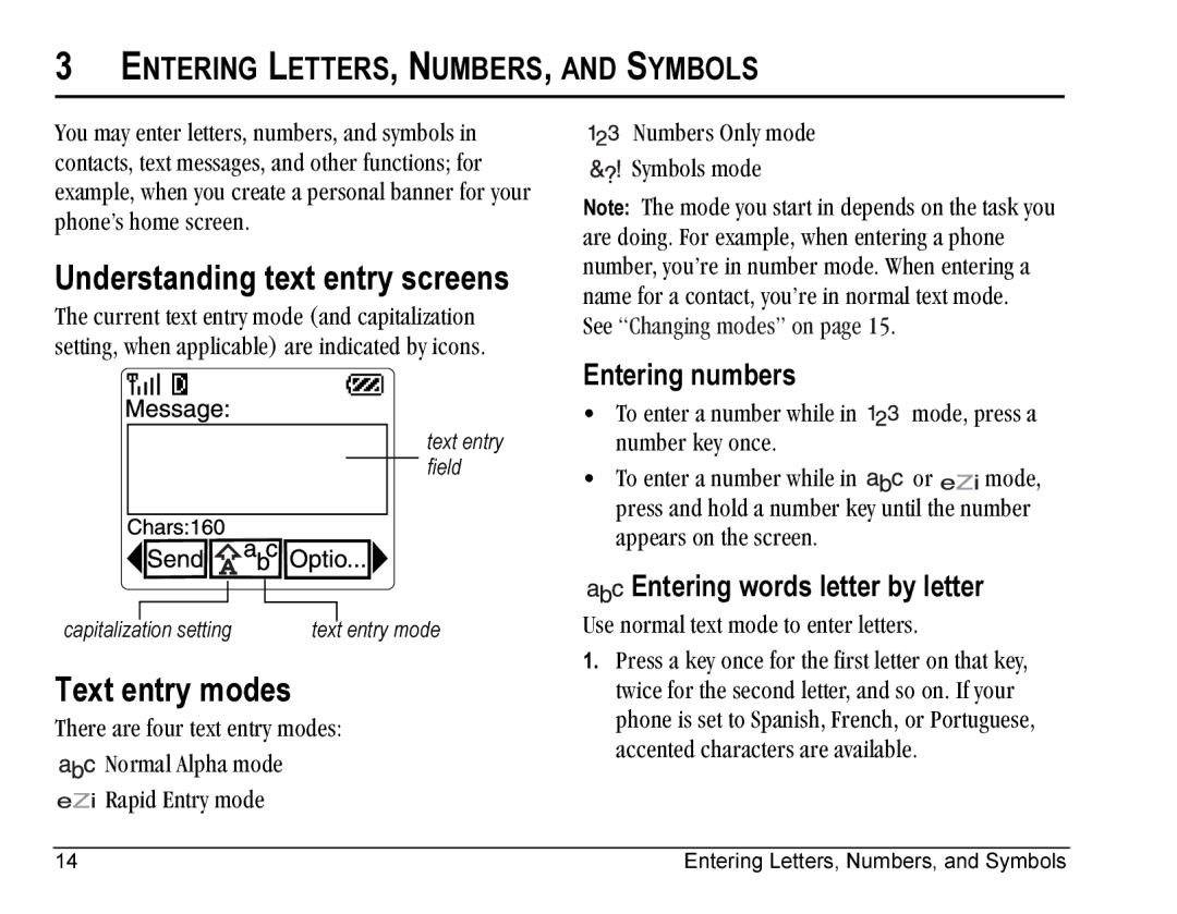 Kyocera SE47 Understanding text entry screens, Text entry modes, Entering LETTERS, NUMBERS, and Symbols, Entering numbers 