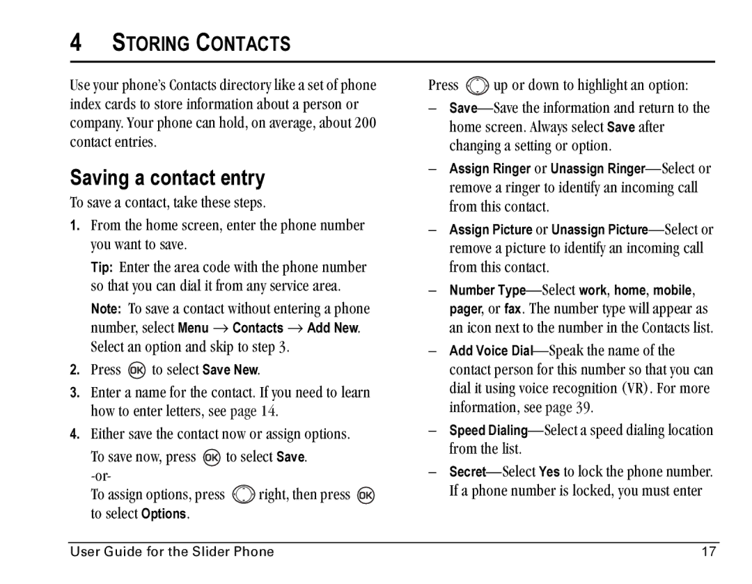 Kyocera SE47 manual Saving a contact entry, Storing Contacts 