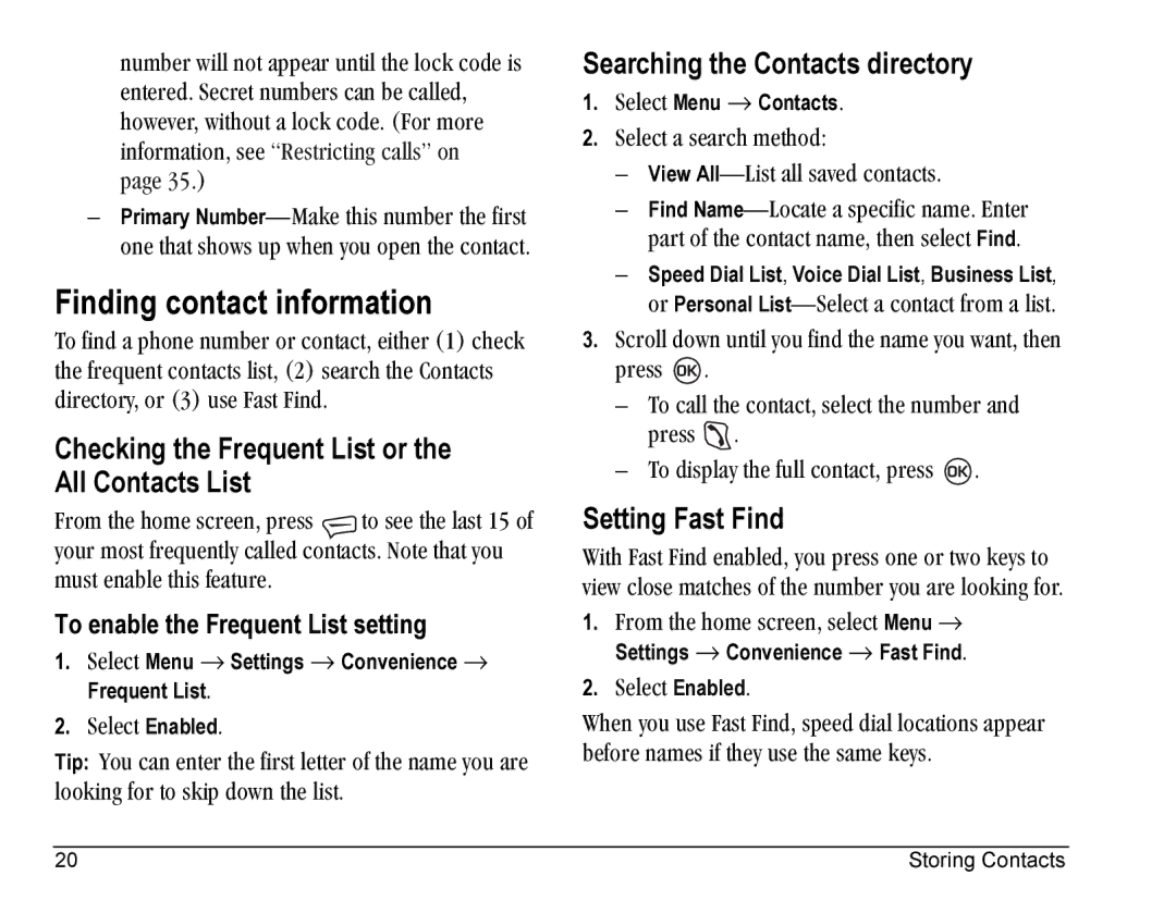 Kyocera SE47 manual Finding contact information, Checking the Frequent List or the All Contacts List, Setting Fast Find 