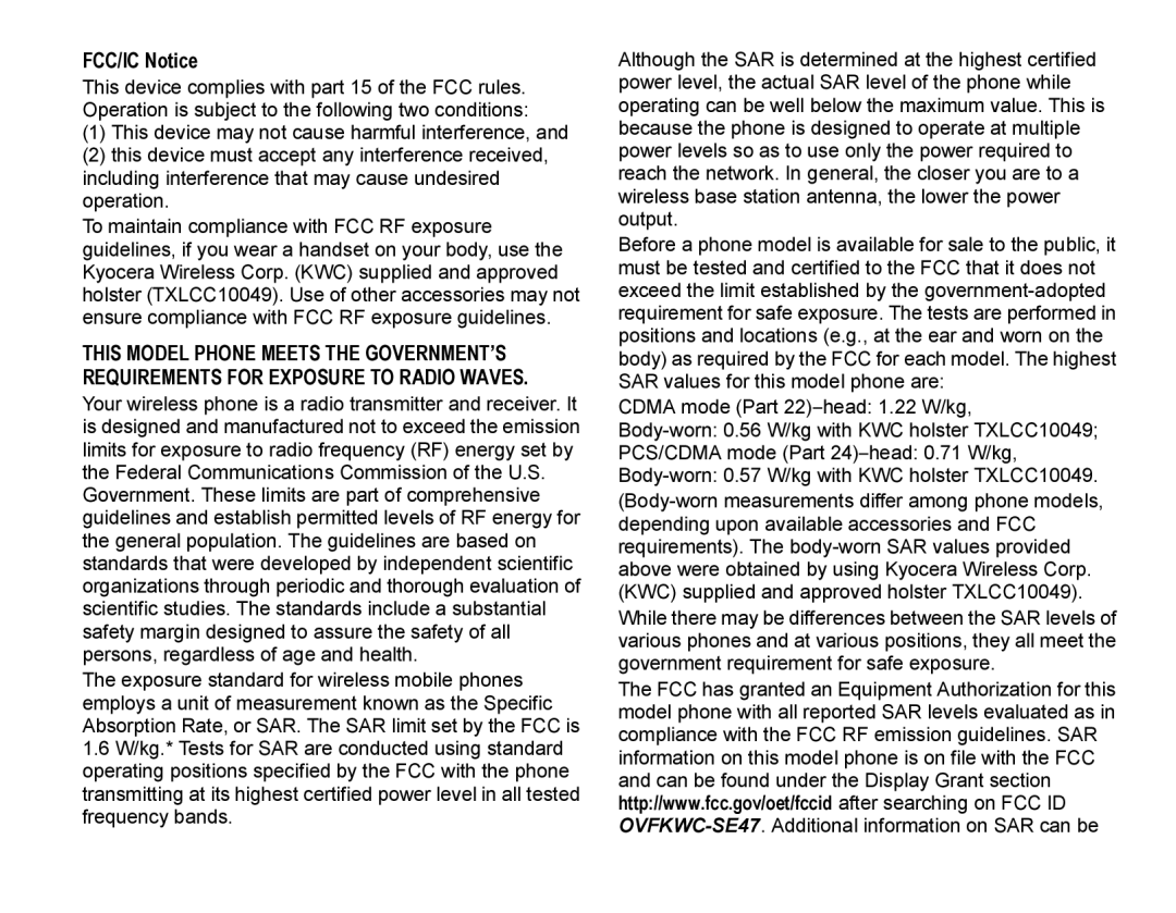 Kyocera SE47 manual FCC/IC Notice 