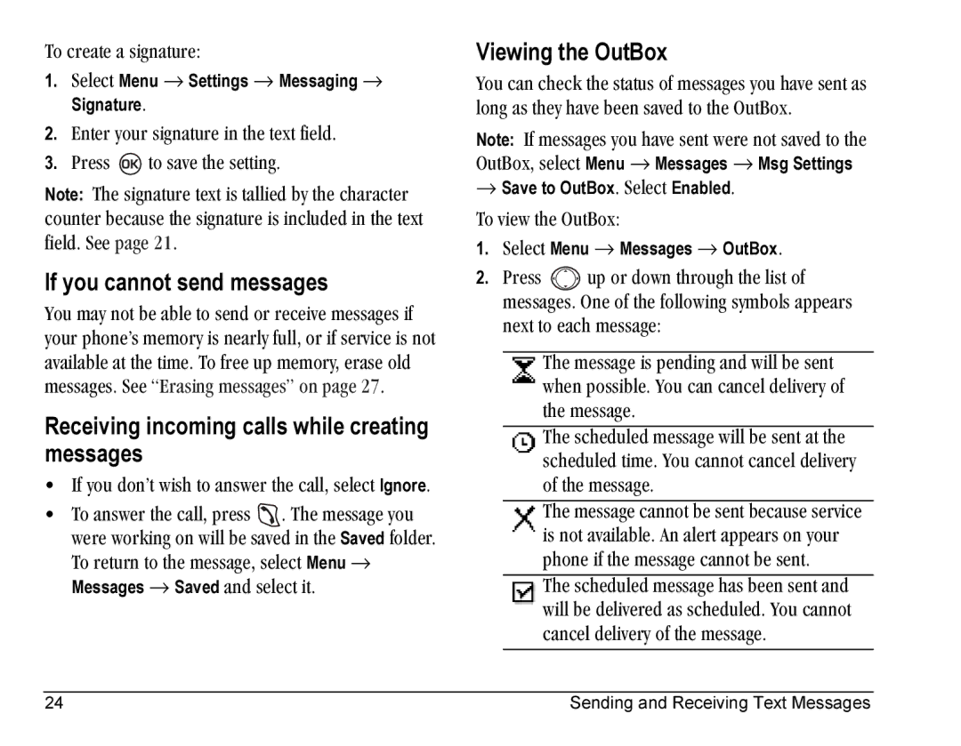 Kyocera SE47 manual If you cannot send messages, Receiving incoming calls while creating messages, Viewing the OutBox 