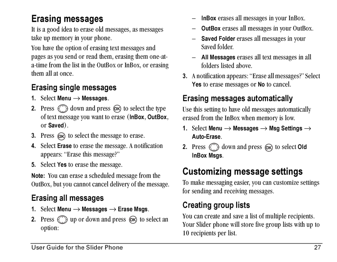 Kyocera SE47 manual Erasing messages, Customizing message settings 