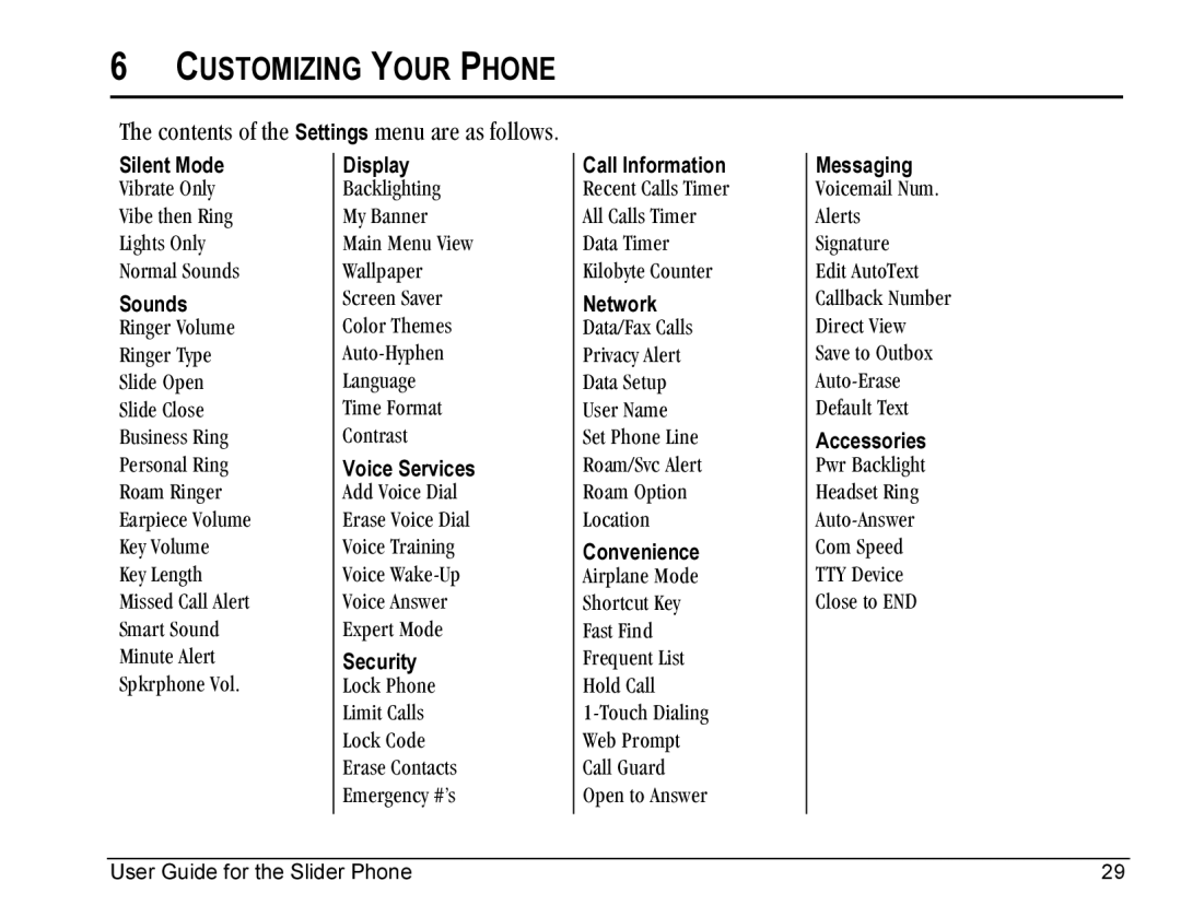 Kyocera SE47 manual Customizing Your Phone, QÜÉ=ÅçåíÉåíë=çÑ=íÜÉ=Settings=ãÉåì=~êÉ=~ë=ÑçääçïëK 