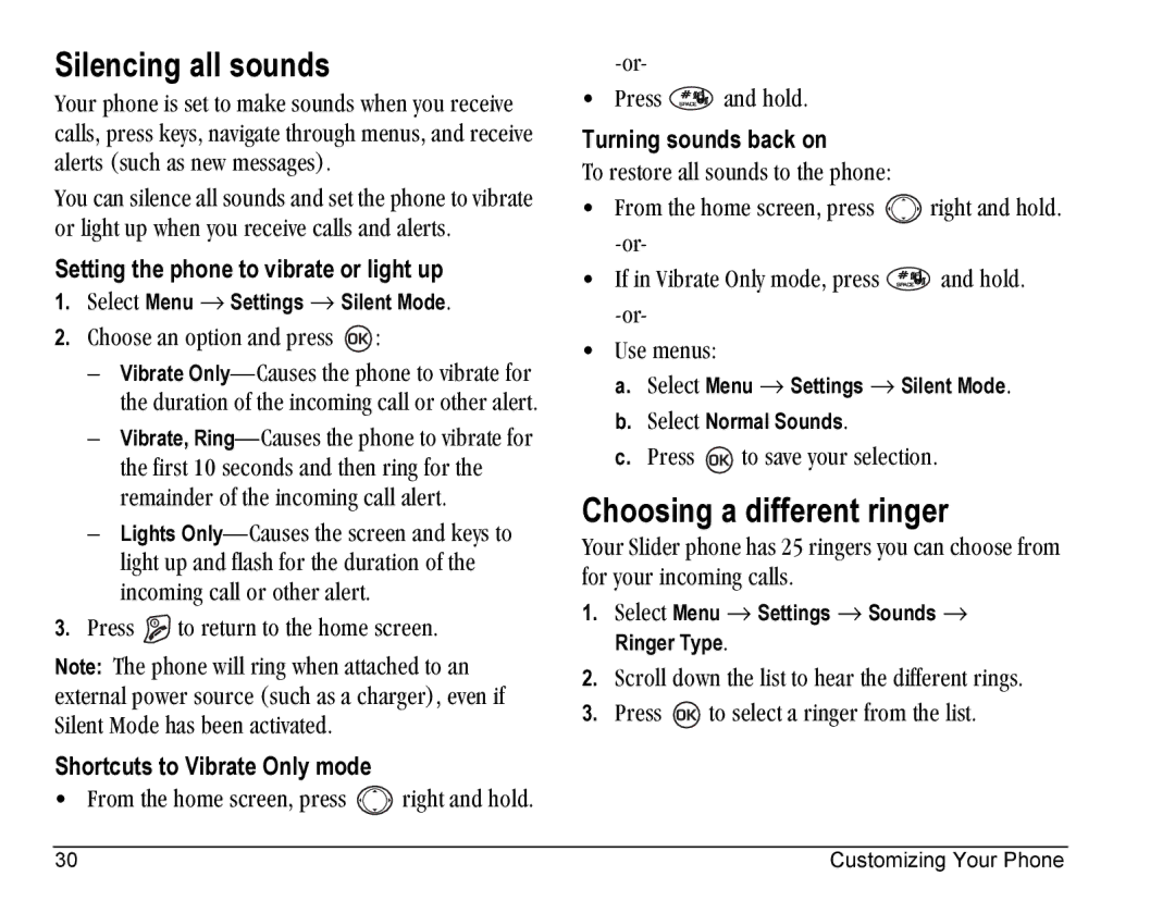 Kyocera SE47 manual Silencing all sounds, Choosing a different ringer 