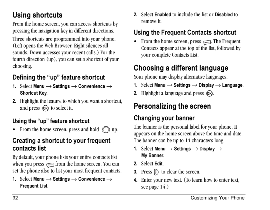 Kyocera SE47 manual Using shortcuts, Choosing a different language, Personalizing the screen 