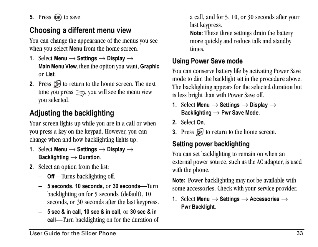 Kyocera SE47 Choosing a different menu view, Adjusting the backlighting, Using Power Save mode, Setting power backlighting 