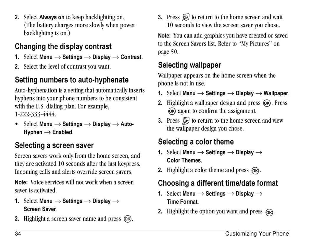 Kyocera SE47 manual Changing the display contrast, Setting numbers to auto-hyphenate, Selecting a screen saver 