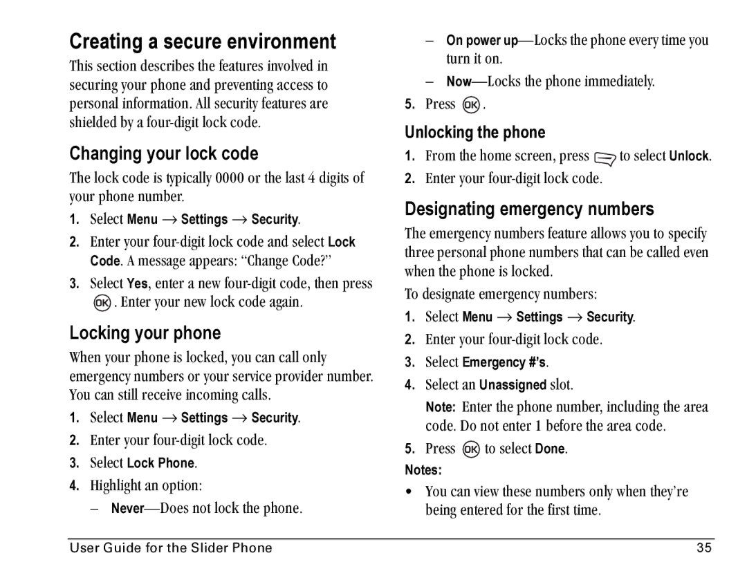 Kyocera SE47 Creating a secure environment, Changing your lock code, Locking your phone, Designating emergency numbers 