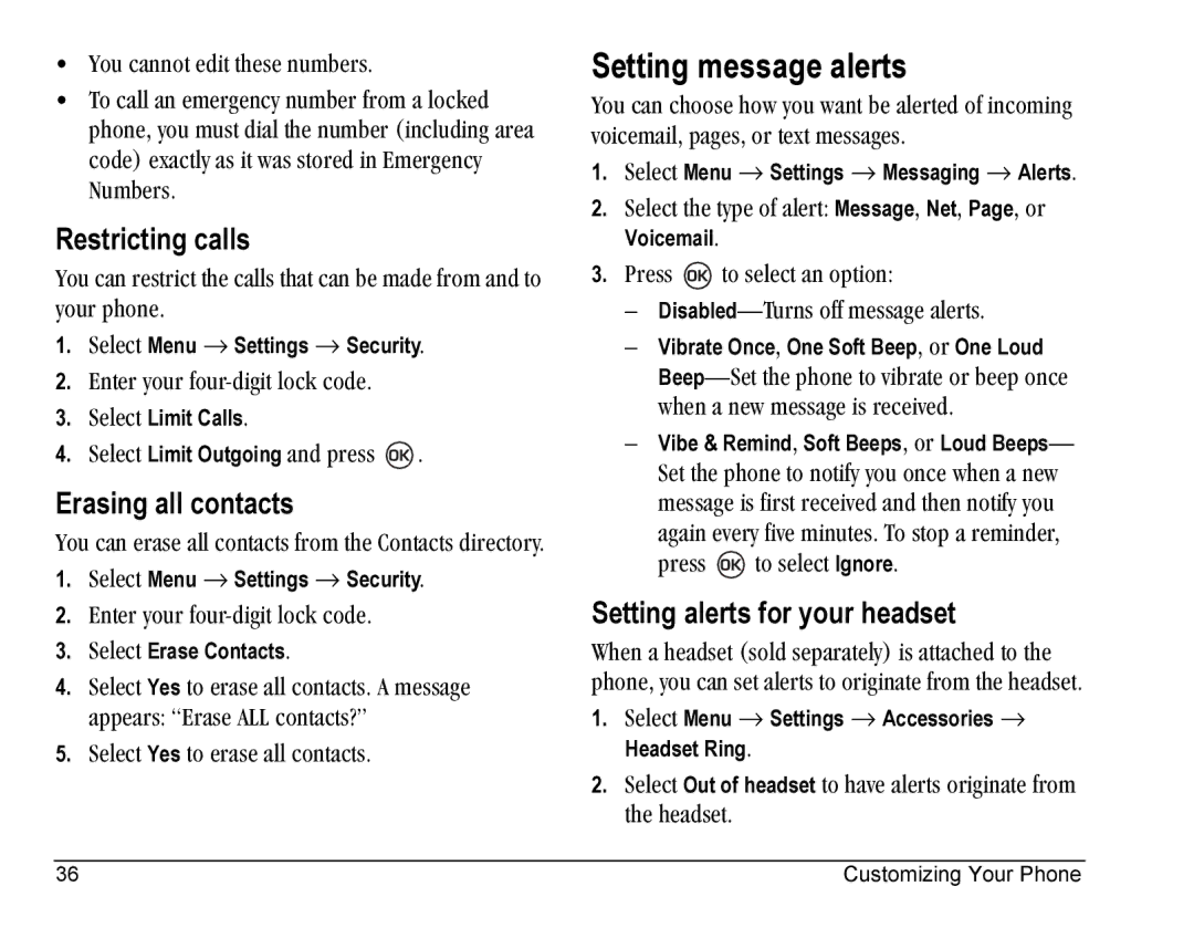 Kyocera SE47 manual Setting message alerts, Restricting calls, Erasing all contacts, Setting alerts for your headset 