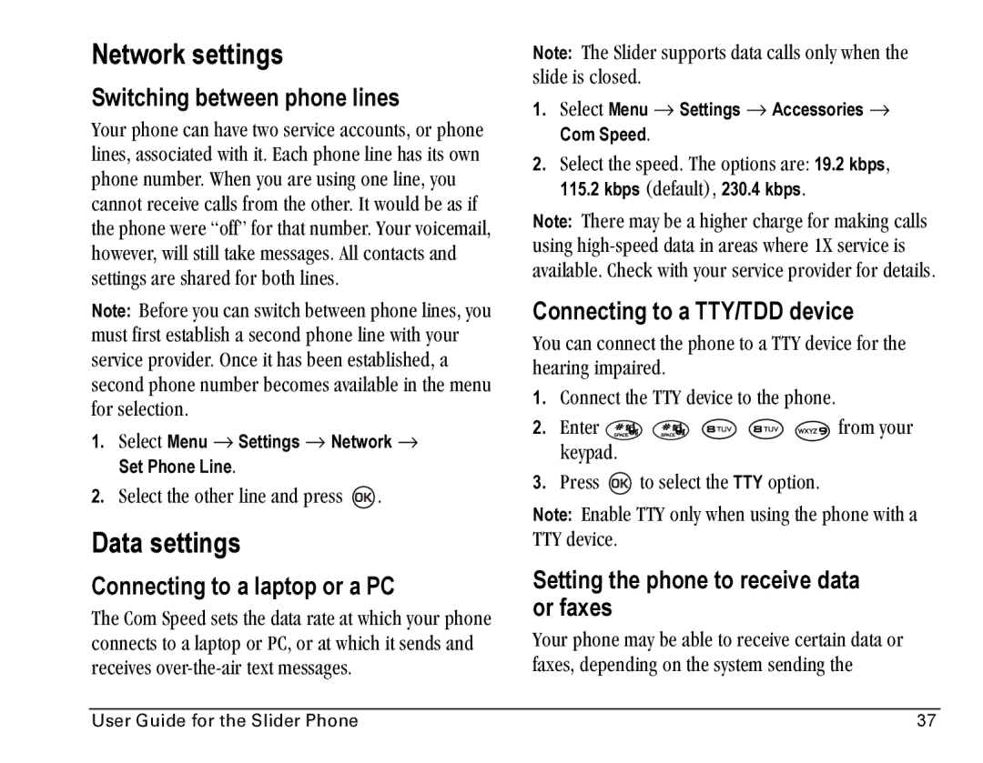 Kyocera SE47 manual Network settings, Data settings 