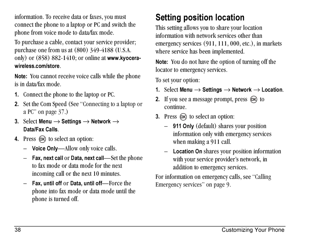 Kyocera SE47 Setting position location, ÉÜçåÉ=Ñêçã=îçáÅÉ=ãçÇÉ=íç=Ç~í~LÑ~ñ=ãçÇÉK, `çååÉÅí=íÜÉ=éÜçåÉ=íç=íÜÉ=ä~éíçé=çê=m`K 