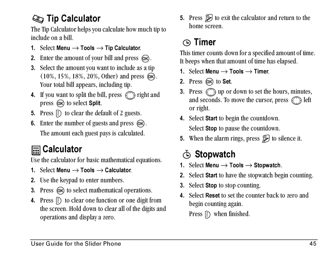 Kyocera SE47 manual Tip Calculator, Timer, Stopwatch 