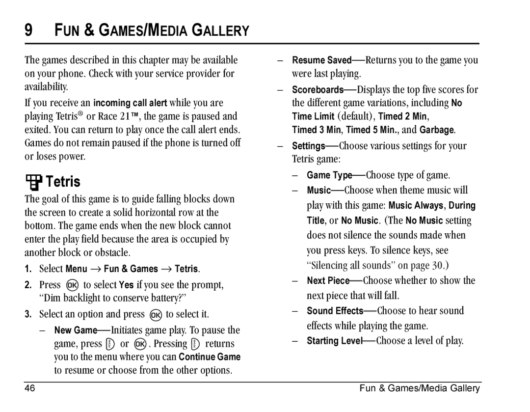Kyocera SE47 manual Tetris, FUN & GAMES/MEDIA Gallery 