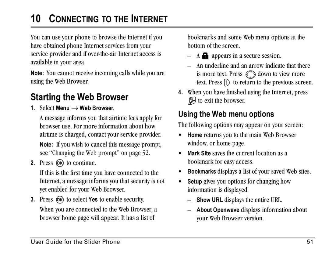 Kyocera SE47 manual Starting the Web Browser, Connecting to the Internet, Using the Web menu options 