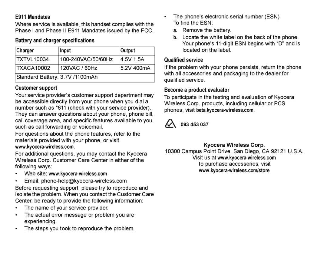 Kyocera SE47 manual E911 Mandates 