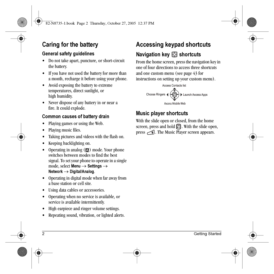 Kyocera SE47 manual Caring for the battery, Accessing keypad shortcuts, Navigation key shortcuts, Music player shortcuts 