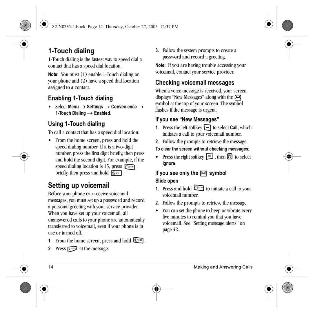 Kyocera SE47 manual Setting up voicemail, Enabling 1-Touch dialing, Using 1-Touch dialing, Checking voicemail messages 