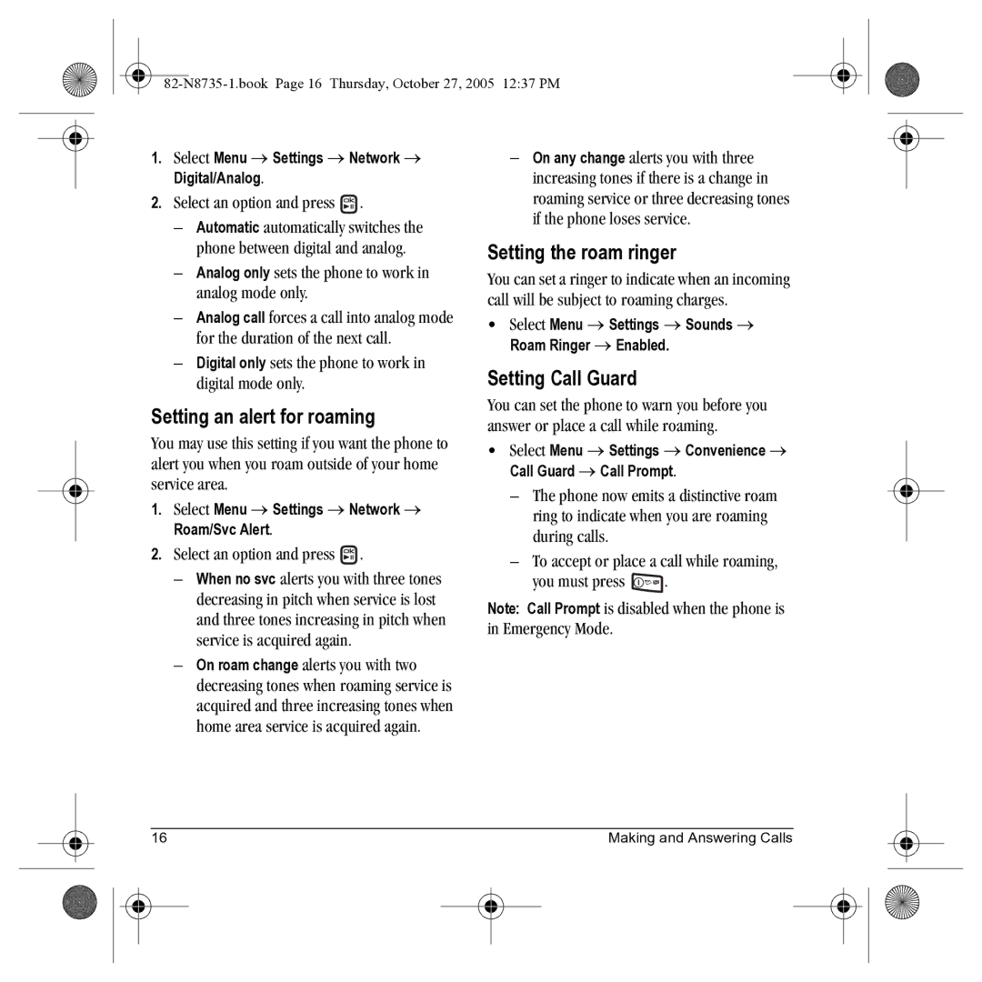 Kyocera SE47 manual Setting an alert for roaming, Setting the roam ringer, Setting Call Guard 