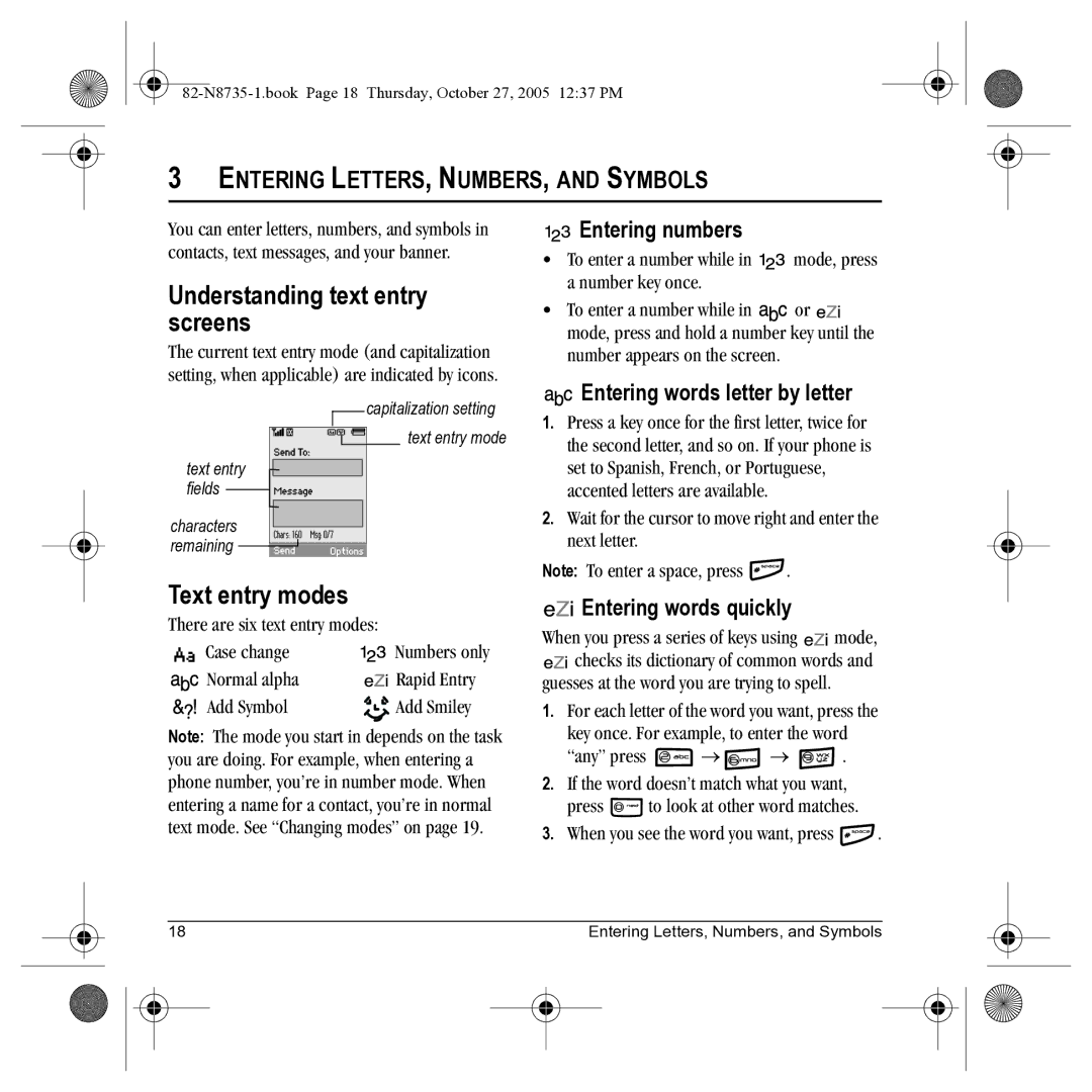 Kyocera SE47 manual Understanding text entry screens, Text entry modes, Entering LETTERS, NUMBERS, and Symbols 