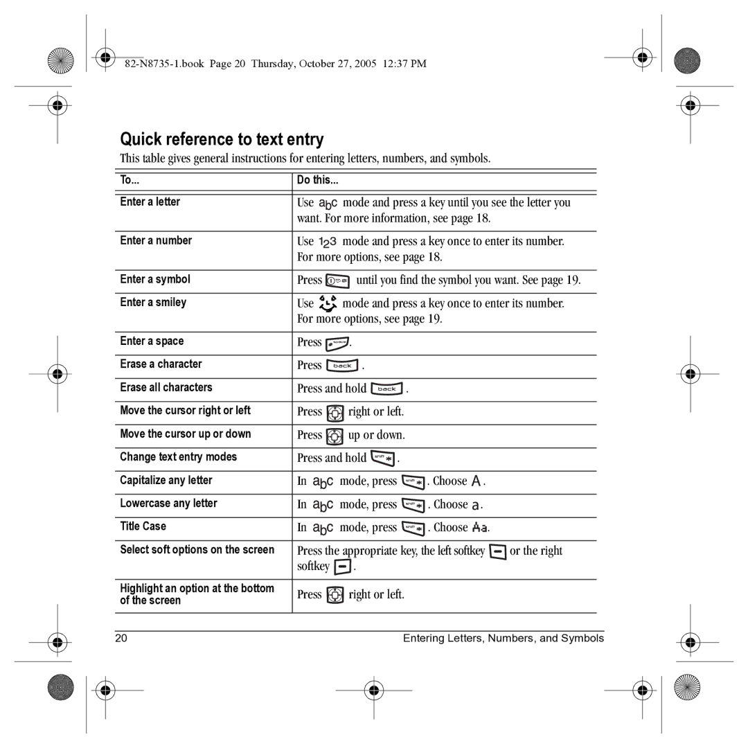 Kyocera SE47 manual Quick reference to text entry 