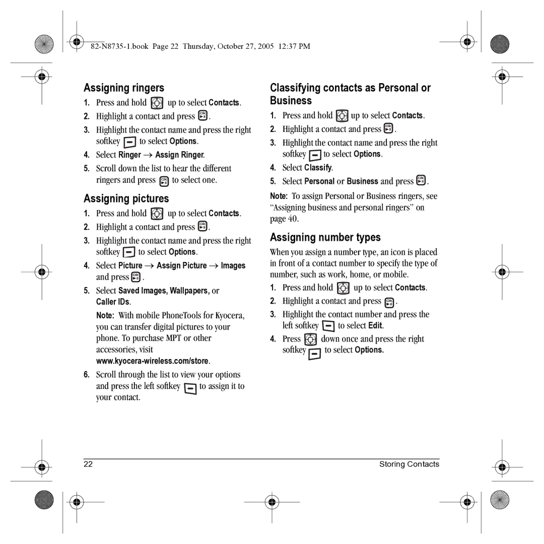 Kyocera SE47 Assigning ringers, Assigning pictures, Classifying contacts as Personal or Business, Assigning number types 