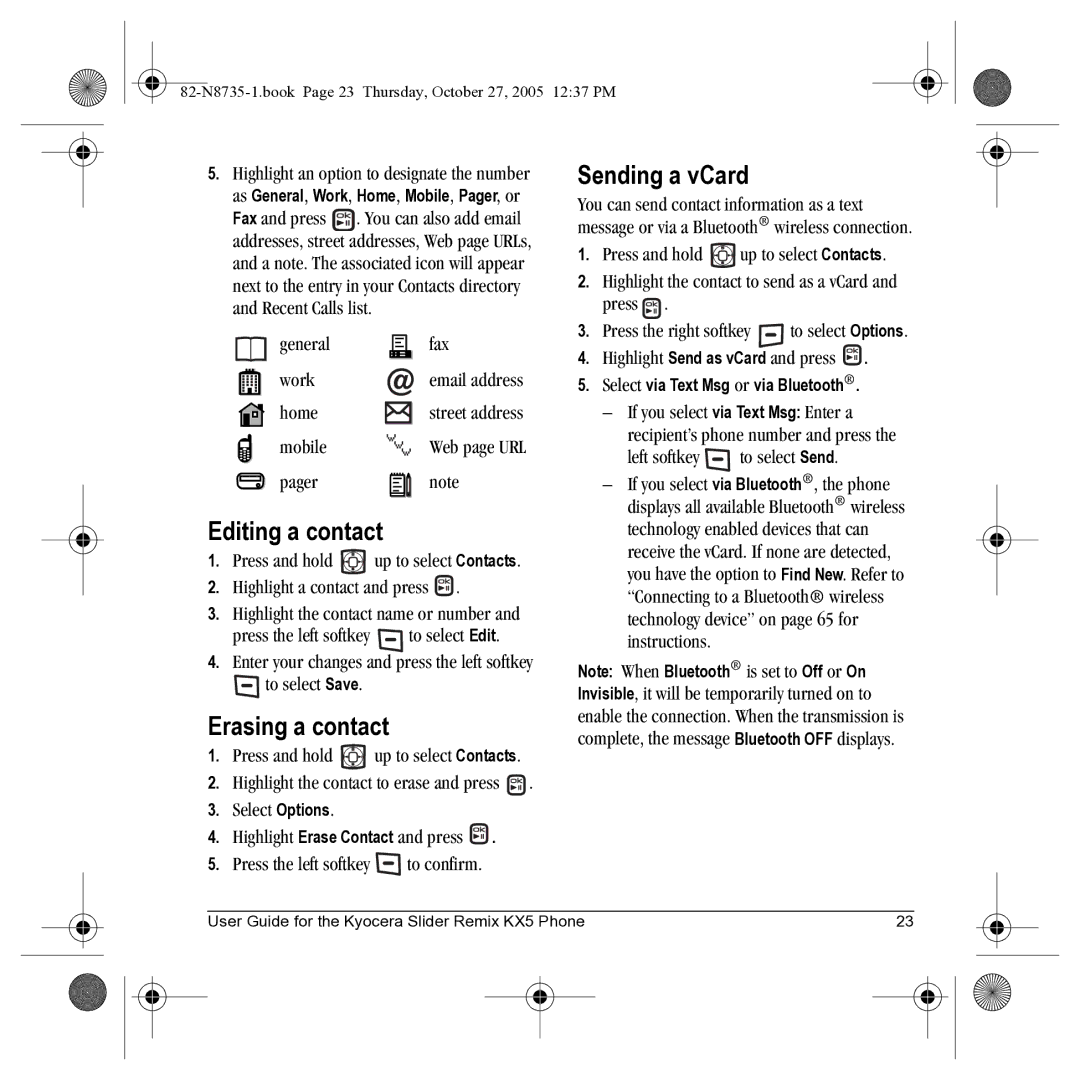 Kyocera SE47 manual Editing a contact, Erasing a contact, Sending a vCard 