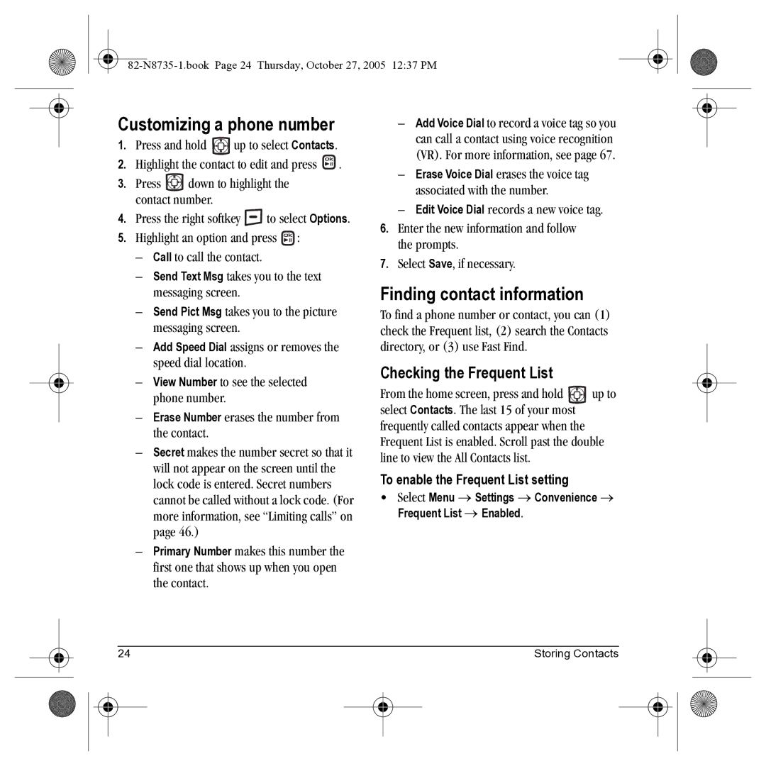 Kyocera SE47 manual Customizing a phone number, Finding contact information, Checking the Frequent List 