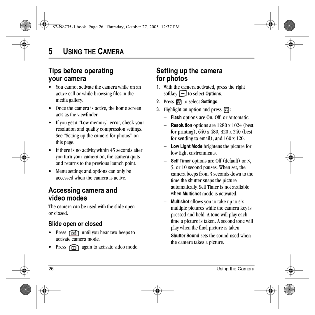 Kyocera SE47 manual Tips before operating your camera, Accessing camera and video modes, Setting up the camera for photos 