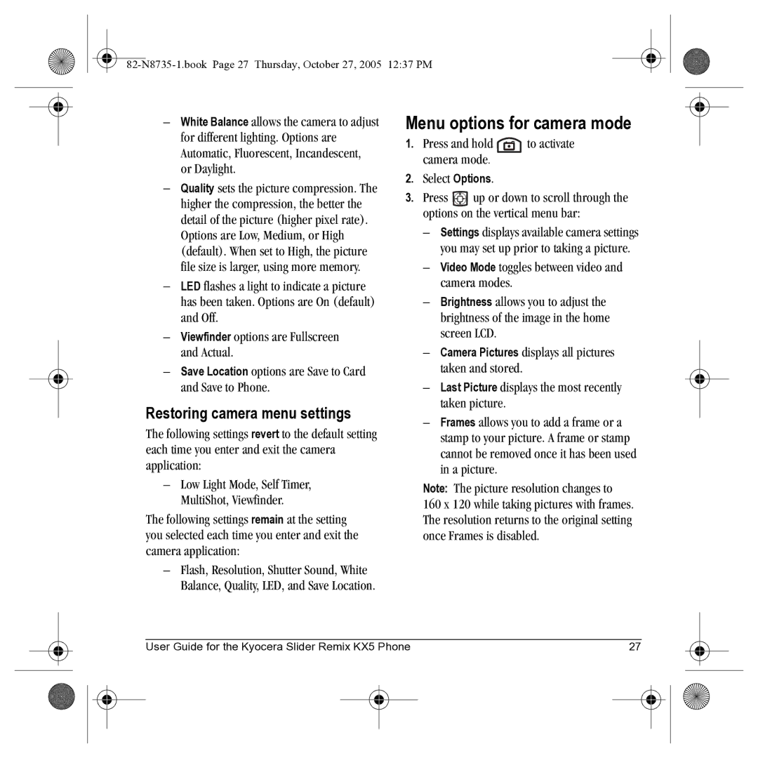 Kyocera SE47 manual Menu options for camera mode, Restoring camera menu settings 