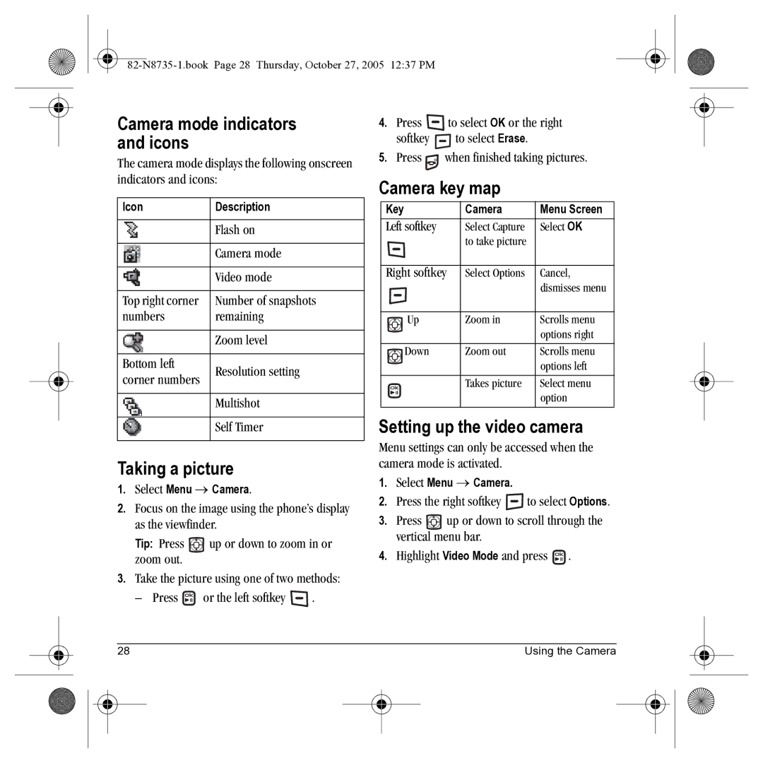 Kyocera SE47 manual Camera mode indicators and icons, Taking a picture, Camera key map, Setting up the video camera 