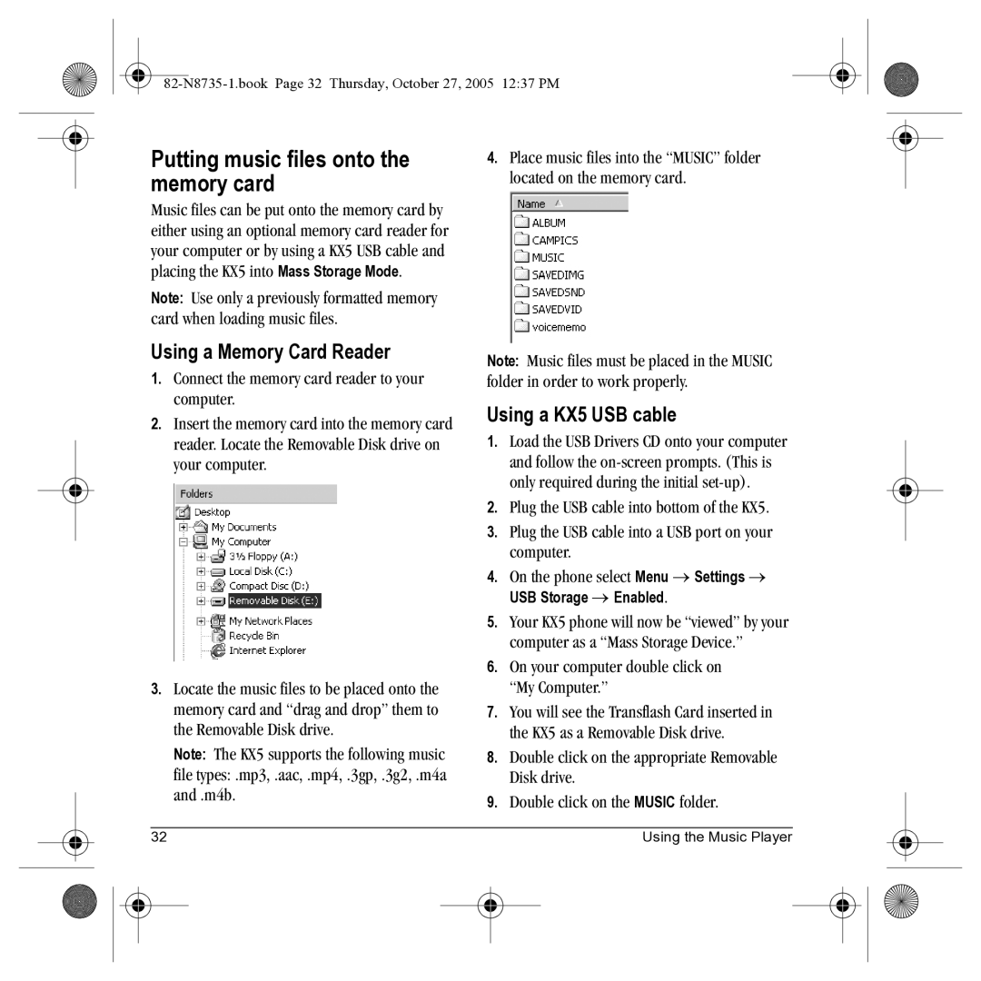 Kyocera SE47 manual Putting music files onto the memory card, Using a Memory Card Reader, Using a KX5 USB cable 