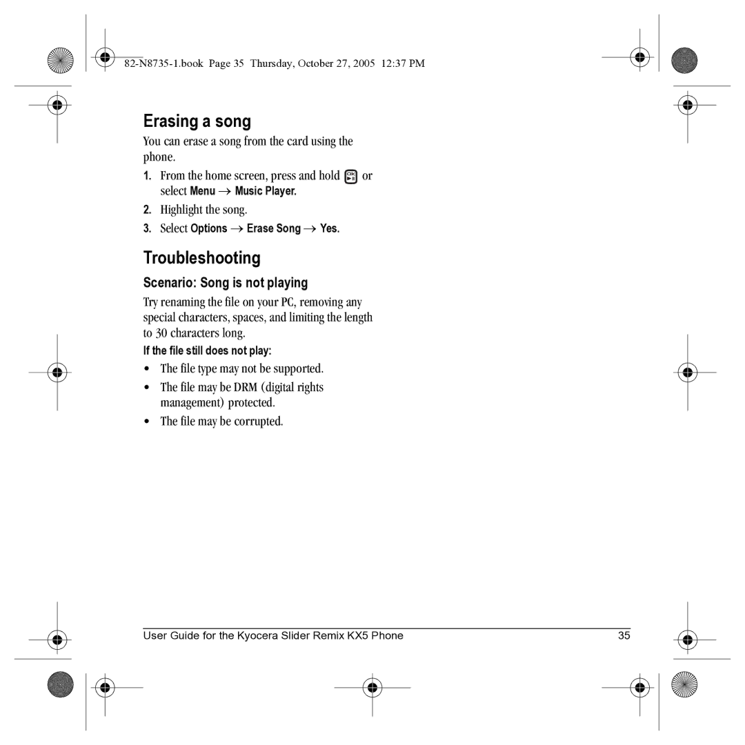 Kyocera SE47 manual Erasing a song, Troubleshooting, Scenario Song is not playing, Select Options → Erase Song → Yes 