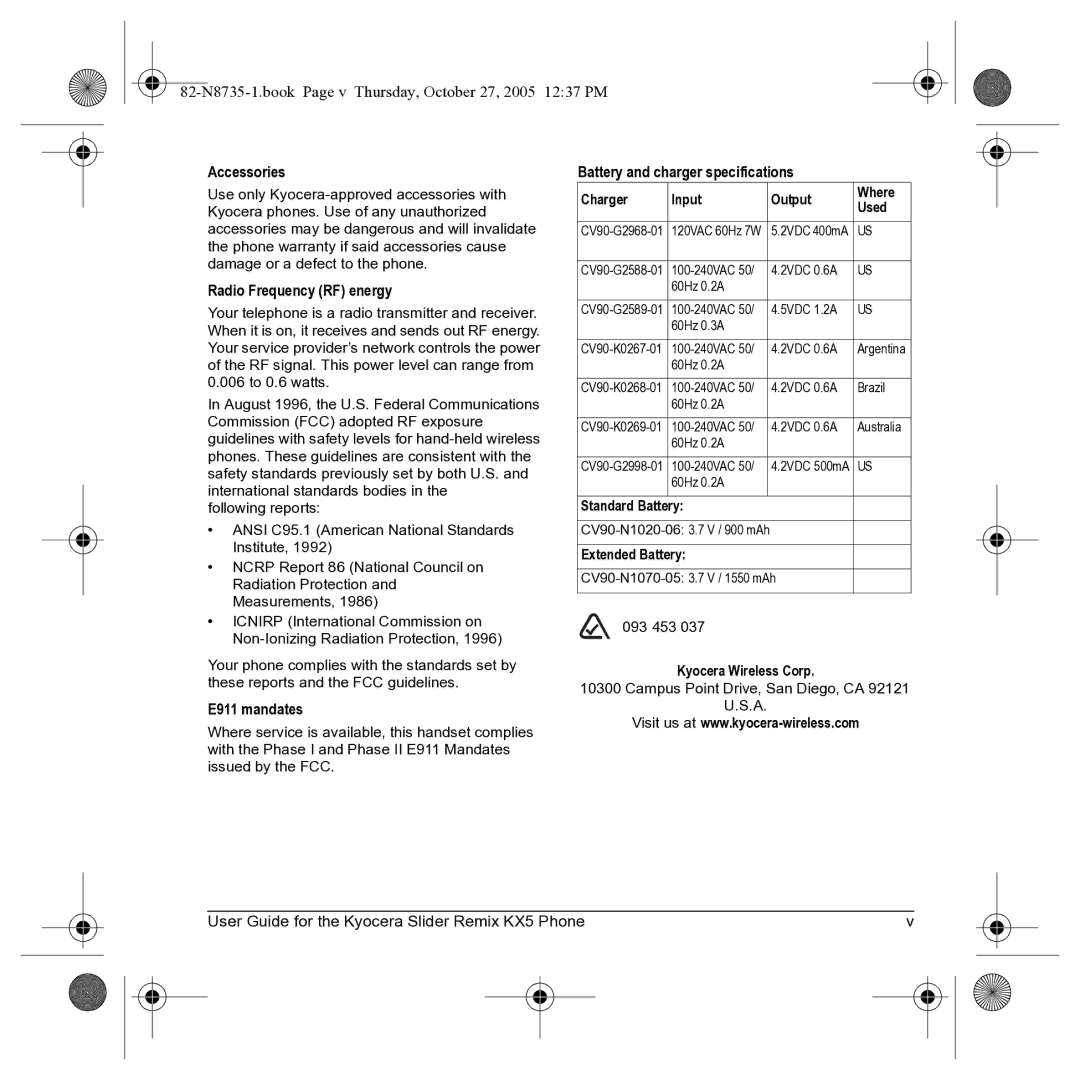 Kyocera SE47 manual Standard Battery 