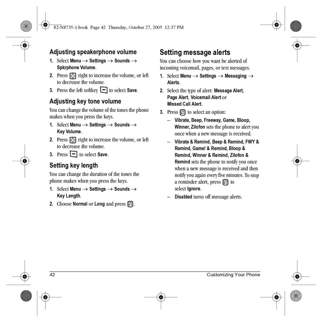 Kyocera SE47 manual Setting message alerts, Adjusting speakerphone volume, Adjusting key tone volume, Setting key length 