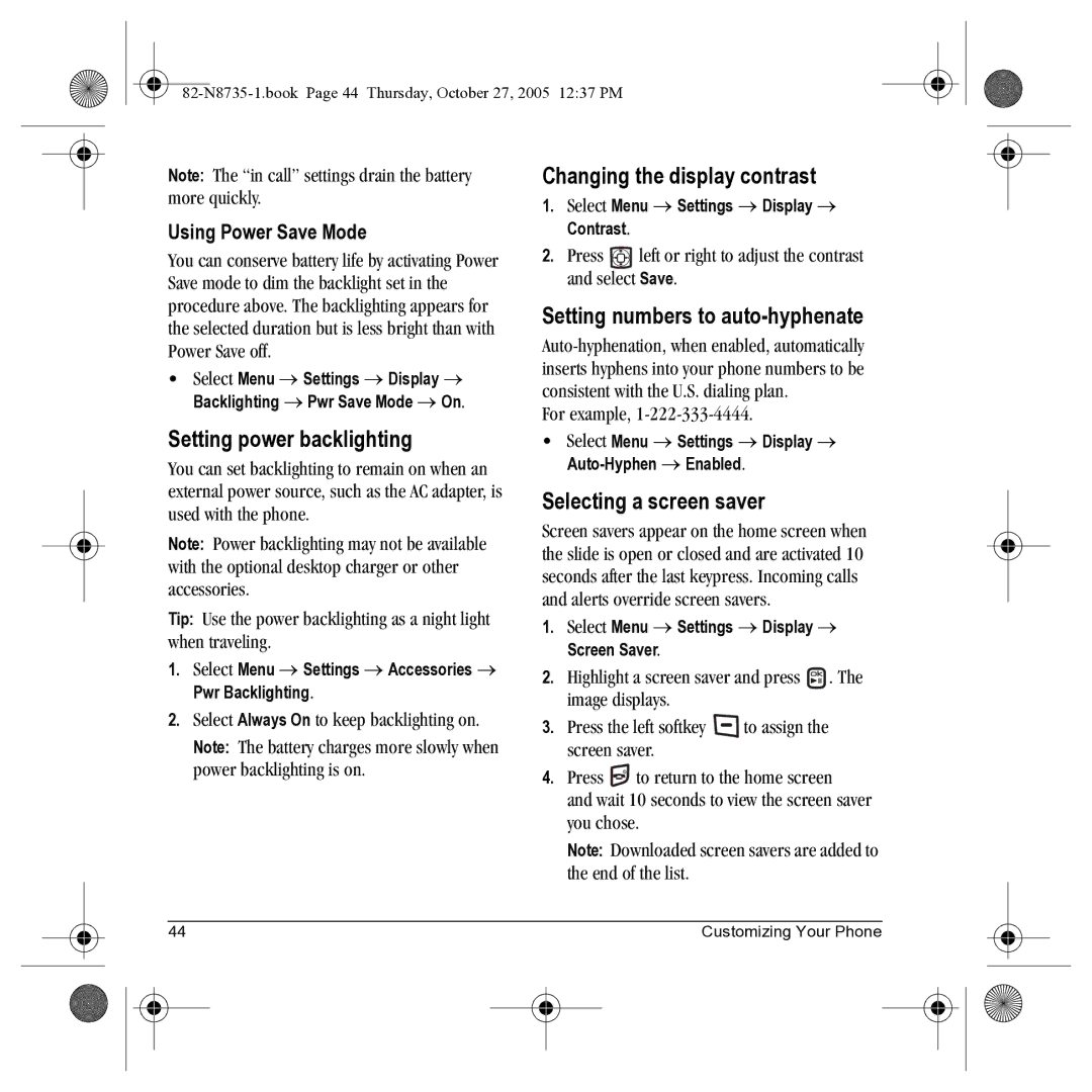 Kyocera SE47 manual Setting power backlighting, Changing the display contrast, Setting numbers to auto-hyphenate 