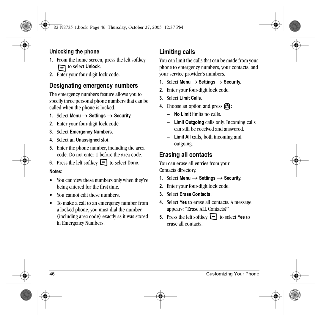 Kyocera SE47 manual Designating emergency numbers, Limiting calls, Erasing all contacts, Unlocking the phone 